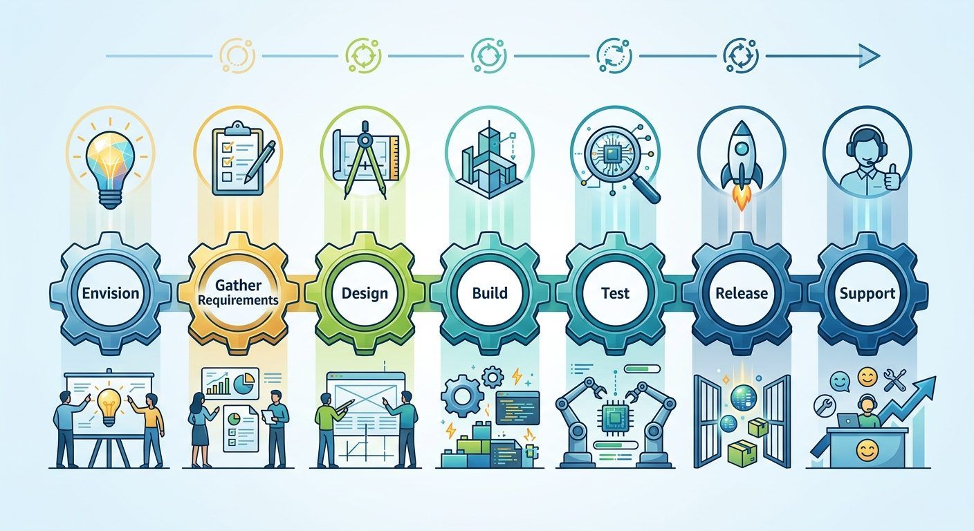 The seven durable phases of software delivery — envision, gather requirements, design, build, test, release, support — drawn as a connected chain of gears